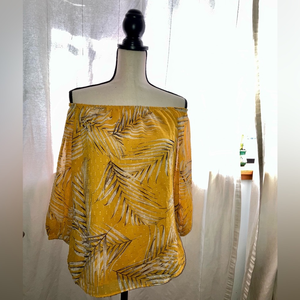 Gold and Ivory Floral Off-the-Shoulder Blouse with Long Sleeves